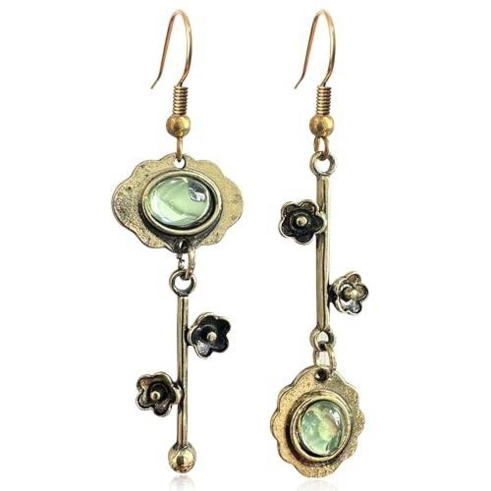 Vintage Antique Brass Asymmetrical Green Cabochon Floral Dropβ Earrings Boho